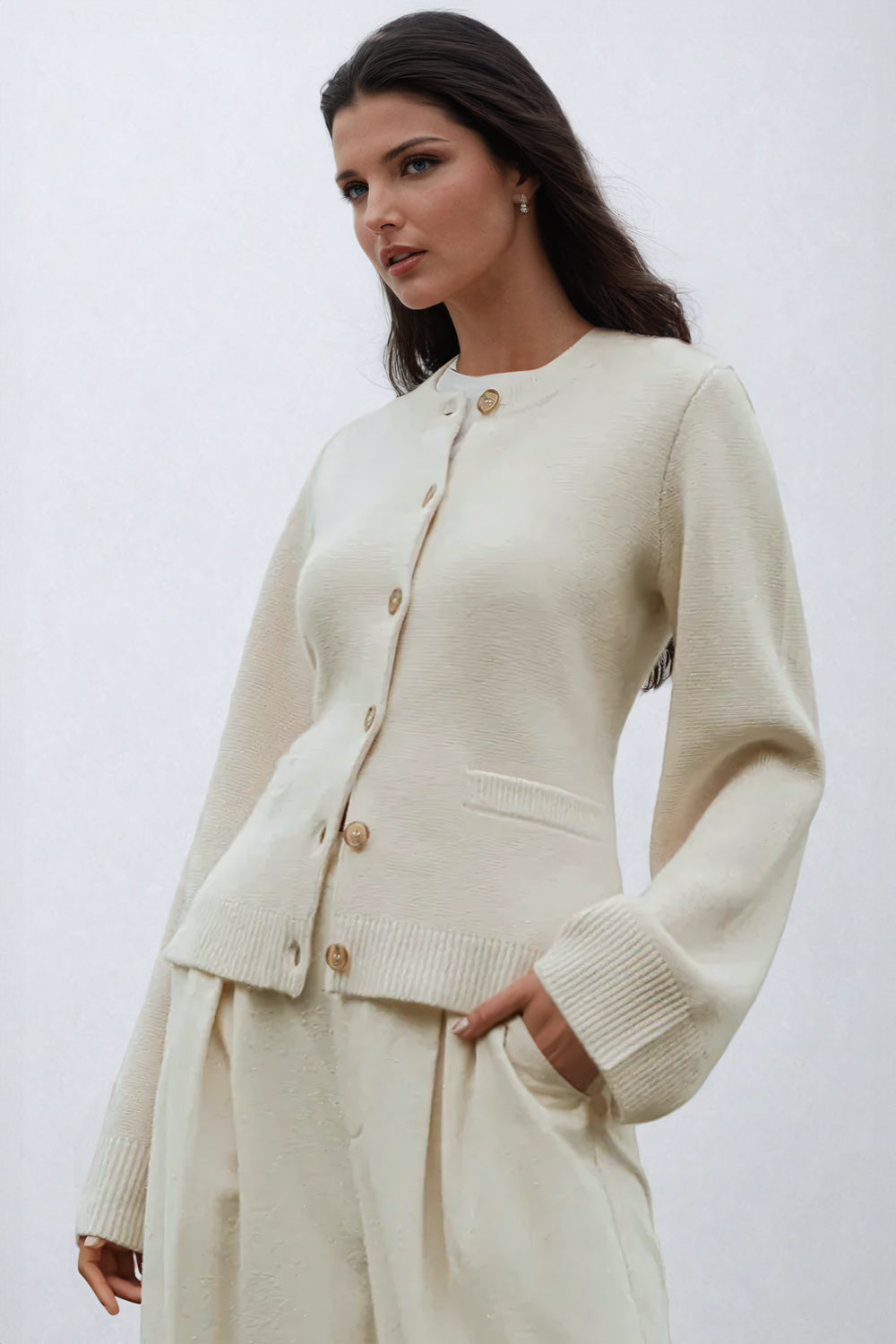 Button-Up Sweater with Ribbed Details - Beige