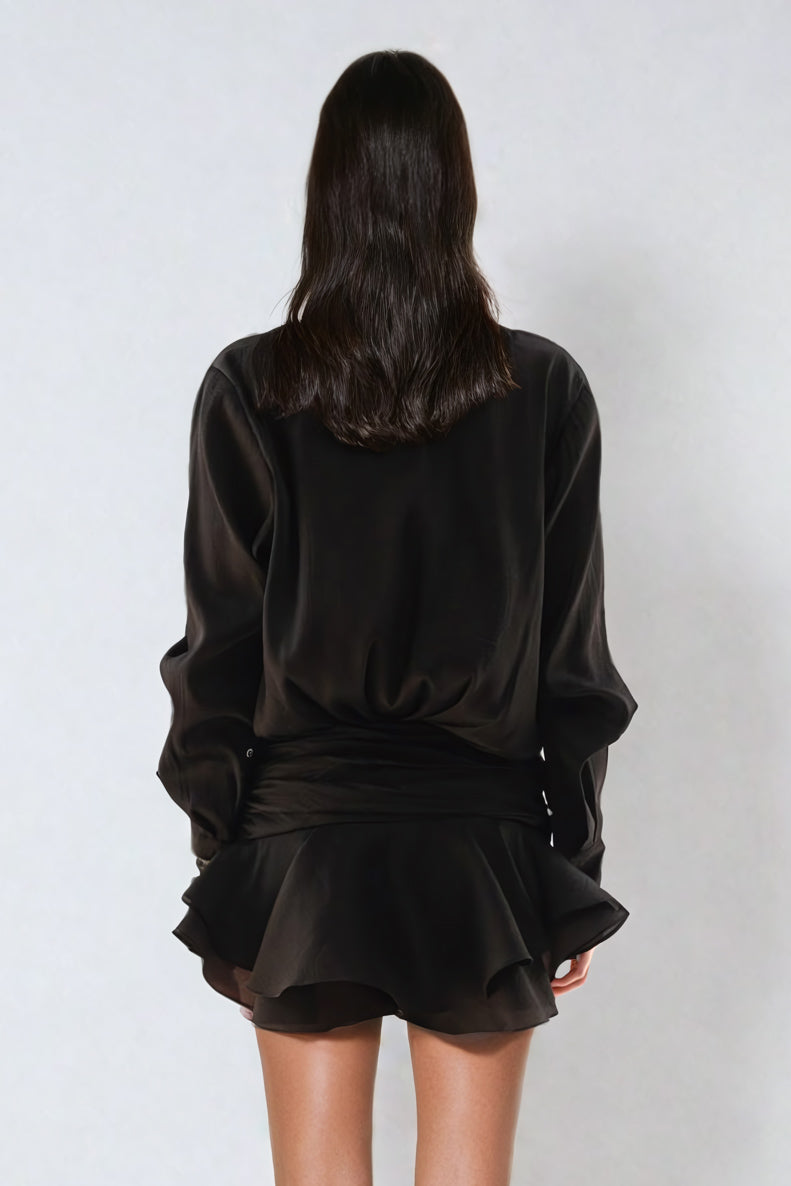Button-Down Mini Dress with Ruffled Hem - Black