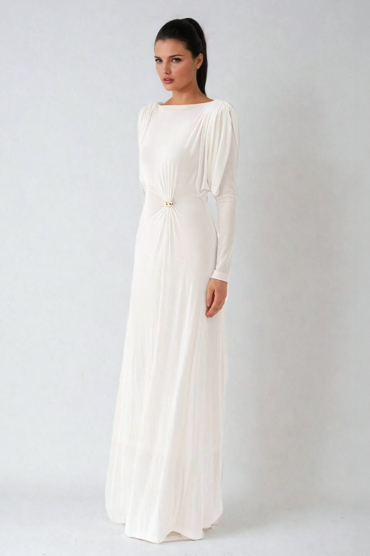 Pleated Shoulder Maxi Dress with Embellished Waist - White