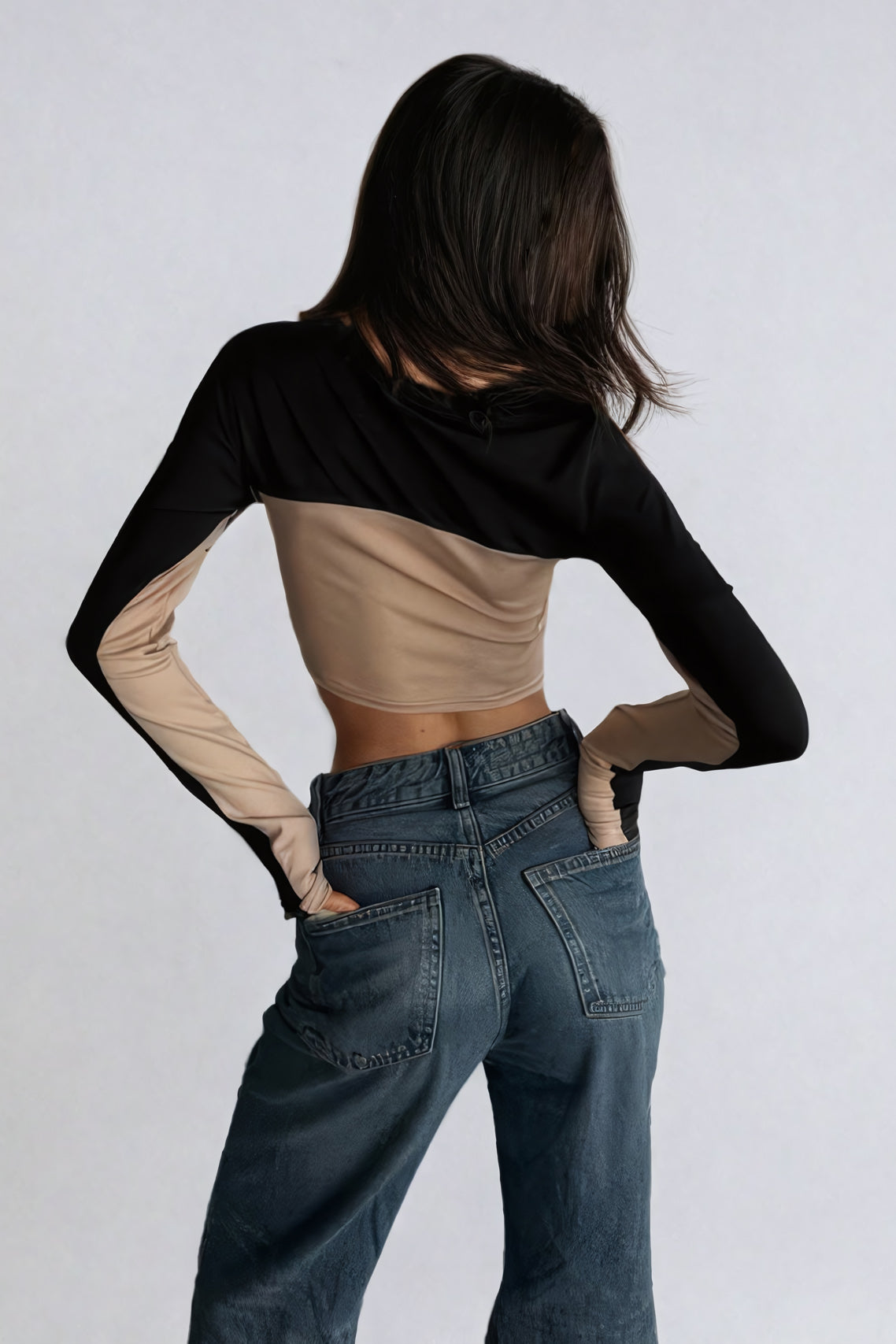 High Neck Long Sleeve Cropped Top - Black