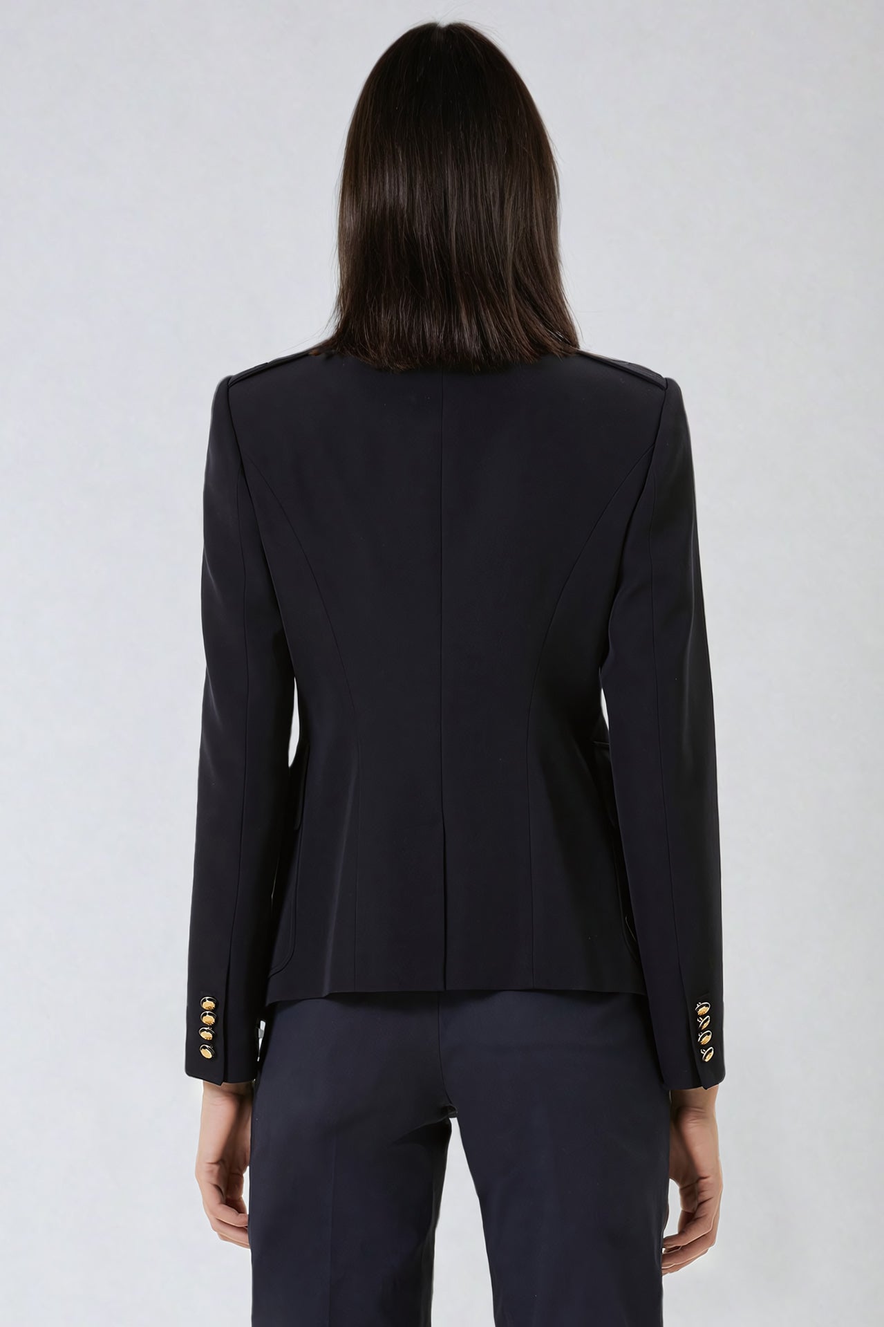 Structured Buttoned Tailored Coat with Stand-Up Collar - Black