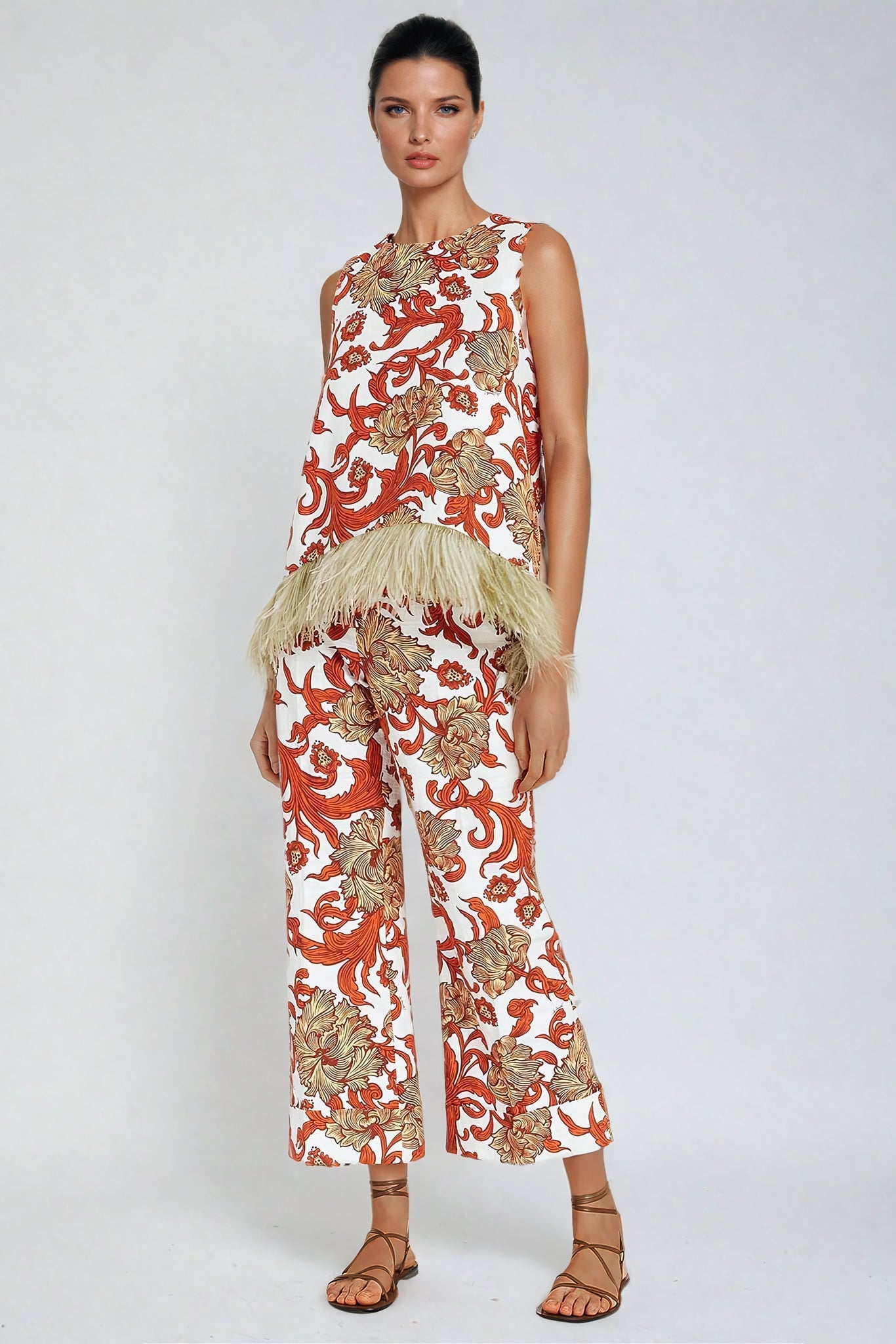 Two-Piece Set with Feather Trim Printed Top and Trousers - Red