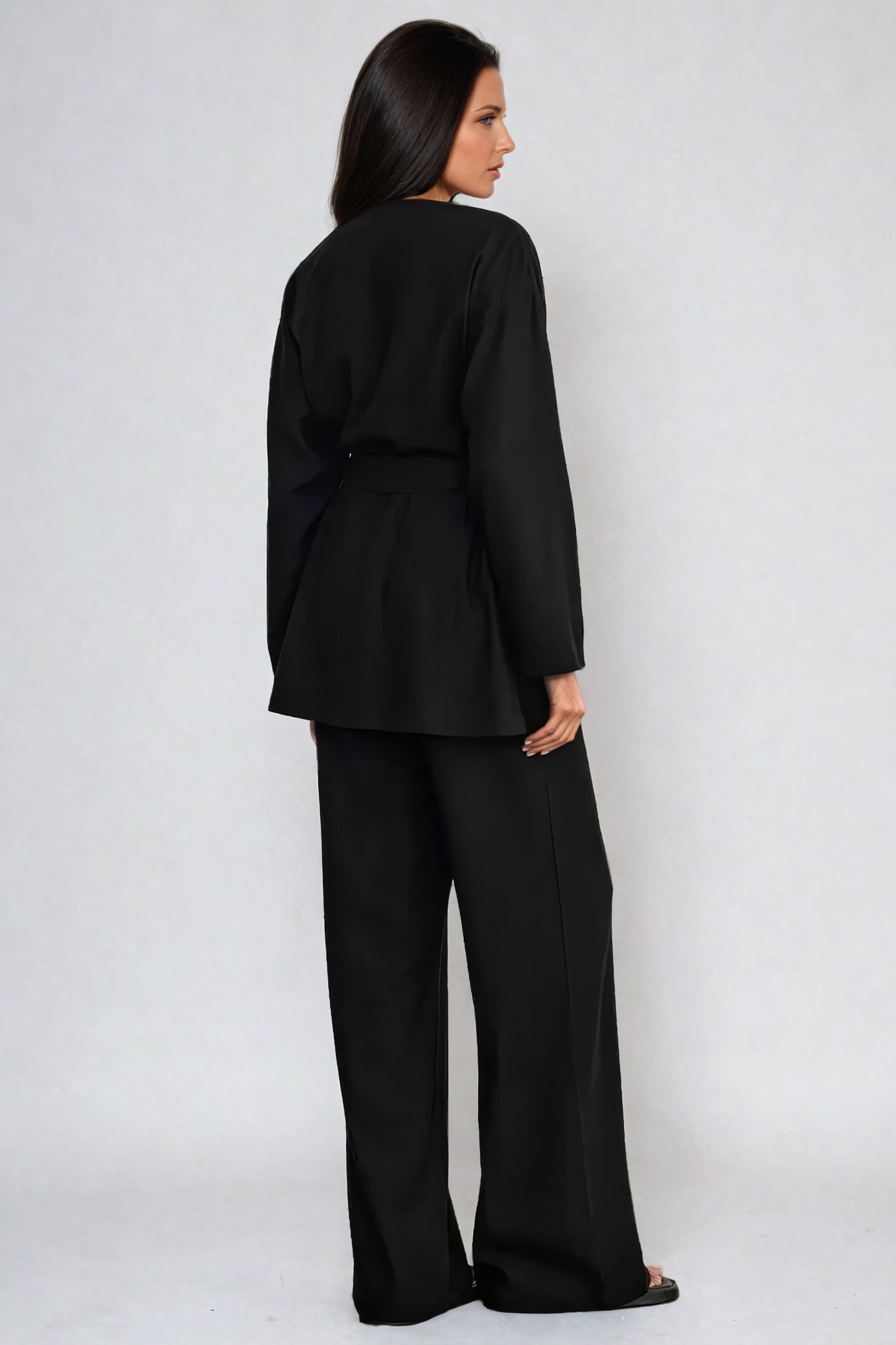 Two-Piece Set with Blazer Belted Top and Trousers - Black