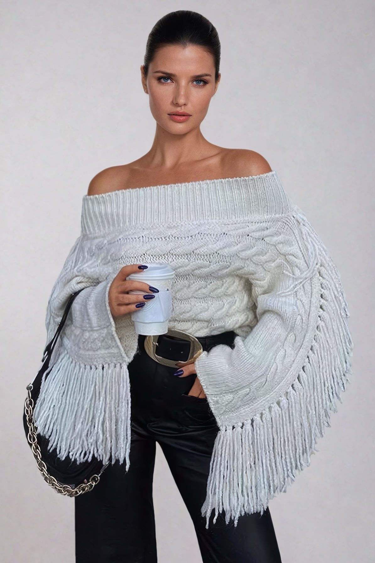 Cropped Knitted Sweater with Fringe Sleeve Detail - White