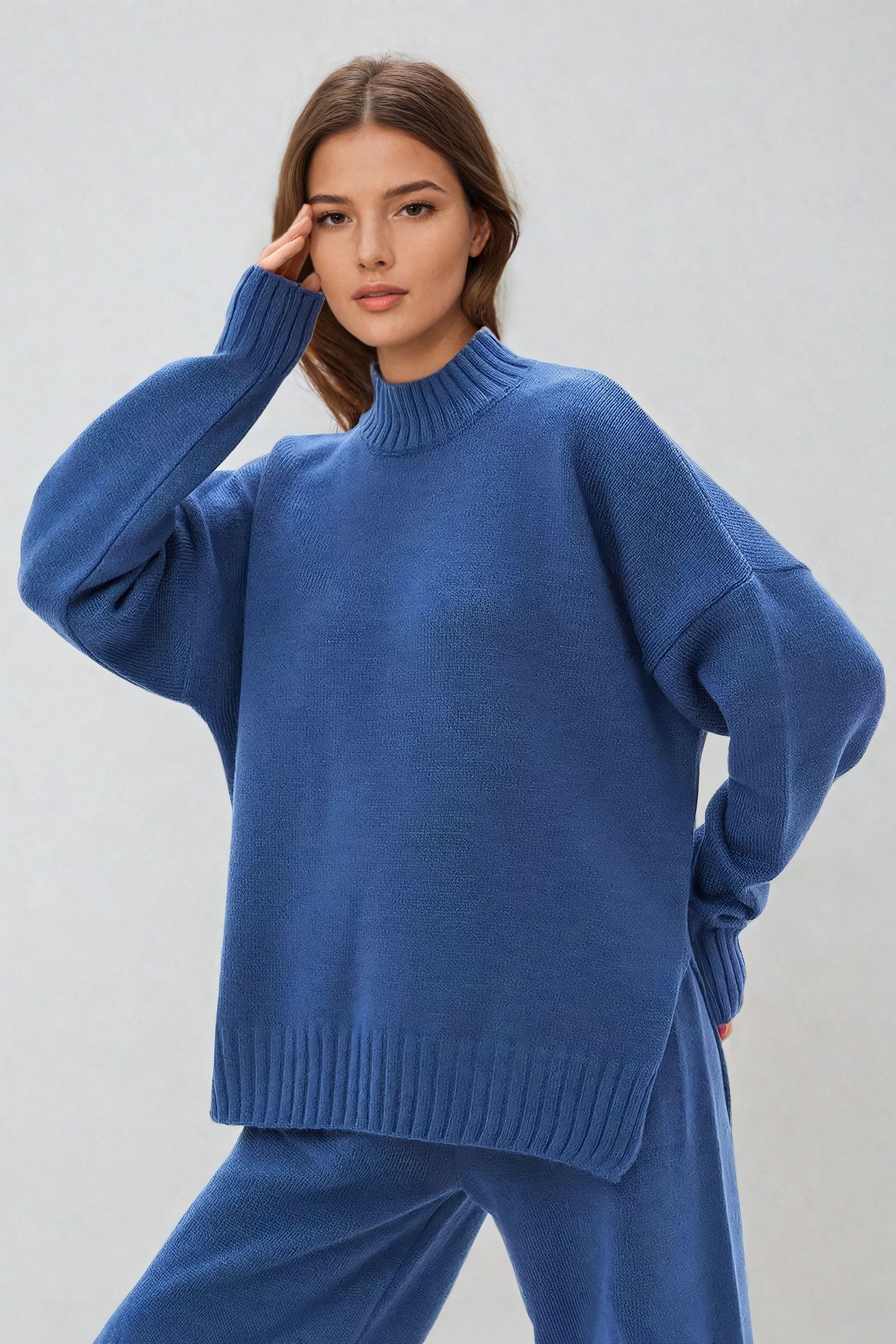 High-Neck Oversized Ribbed Hem Sweater - Blue