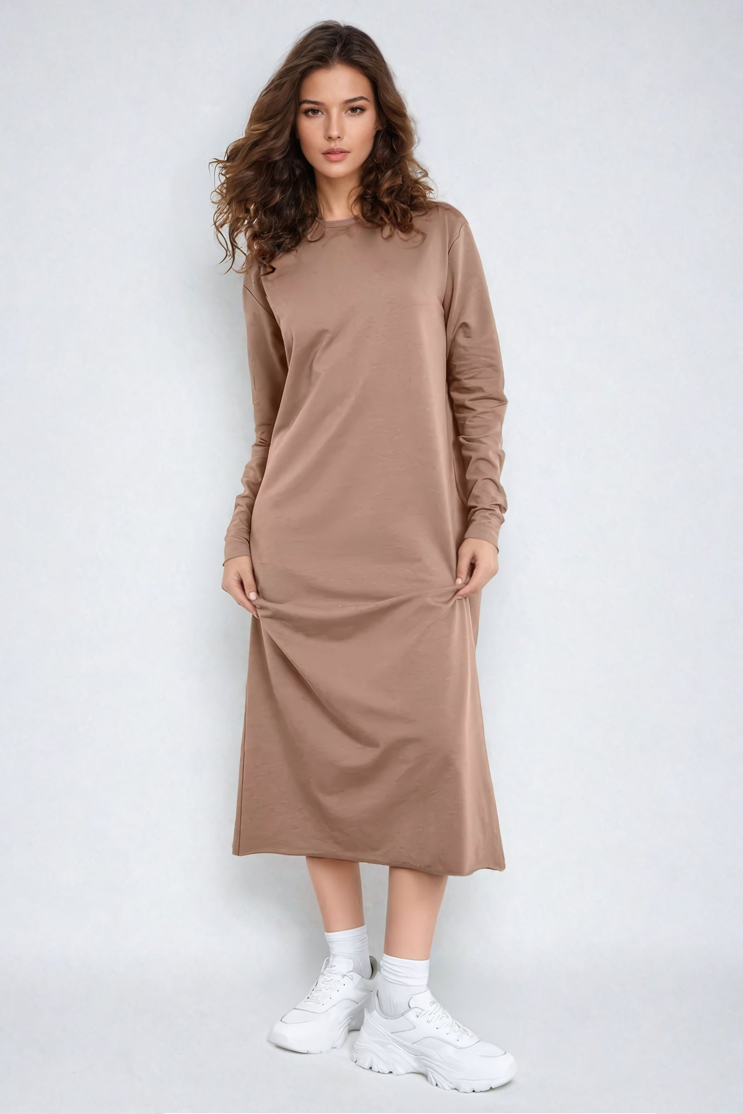 Knitted Long Sleeve Midi Dress - Camel