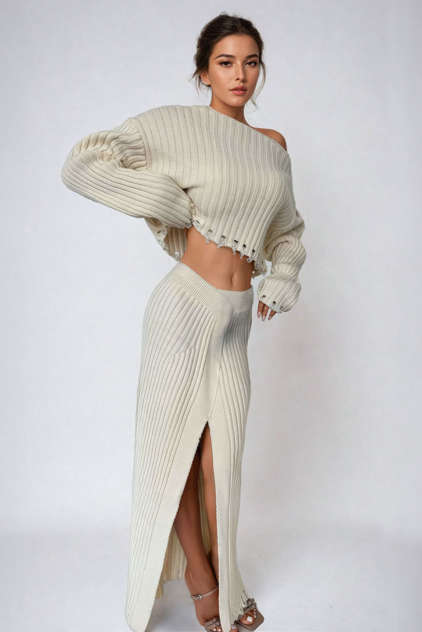 Knitted Cropped Top and High-Slit Maxi Skirt Co-Ord Set - Beige