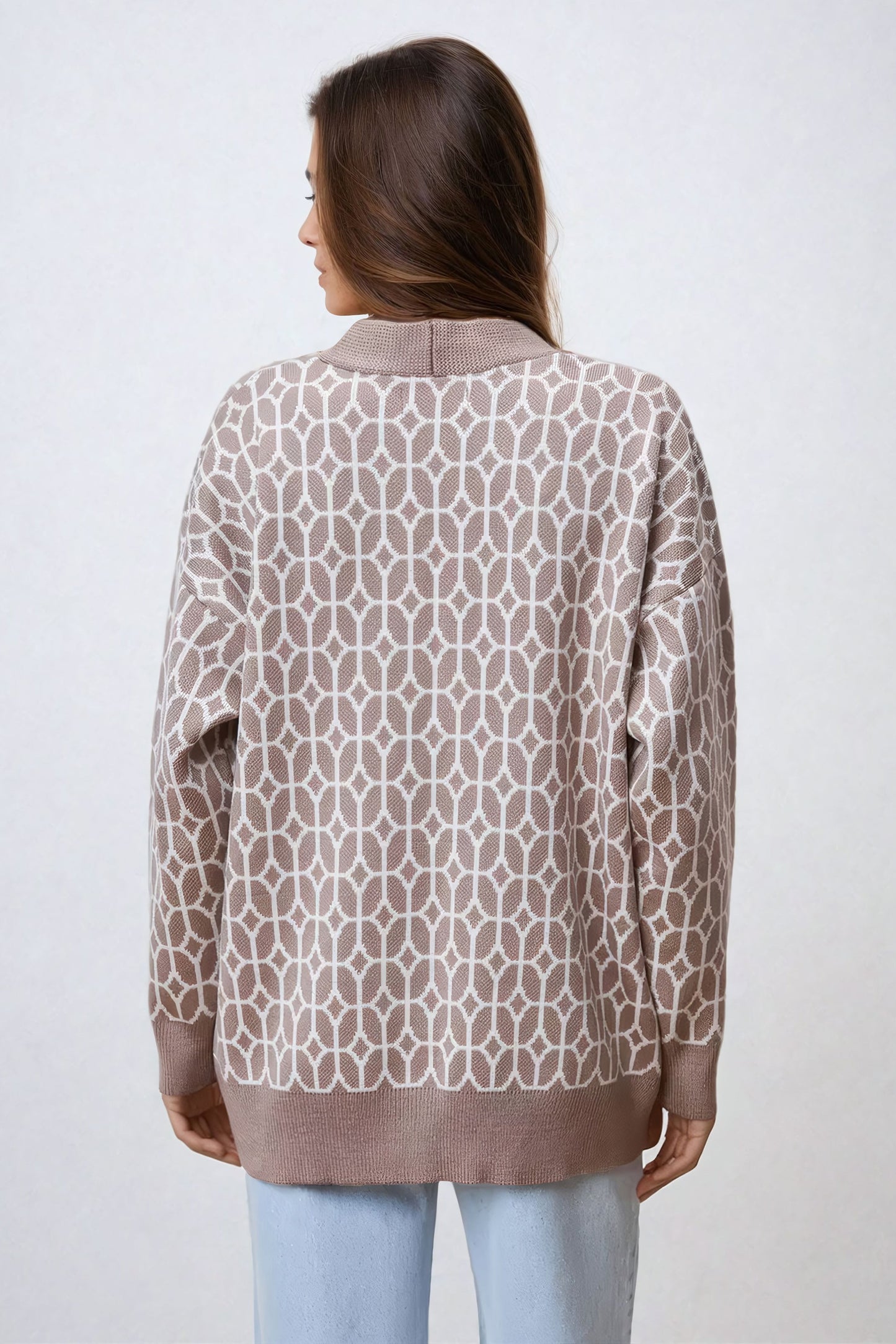 Geometric Pattern Button-Up Knitted Cardigan - Brown