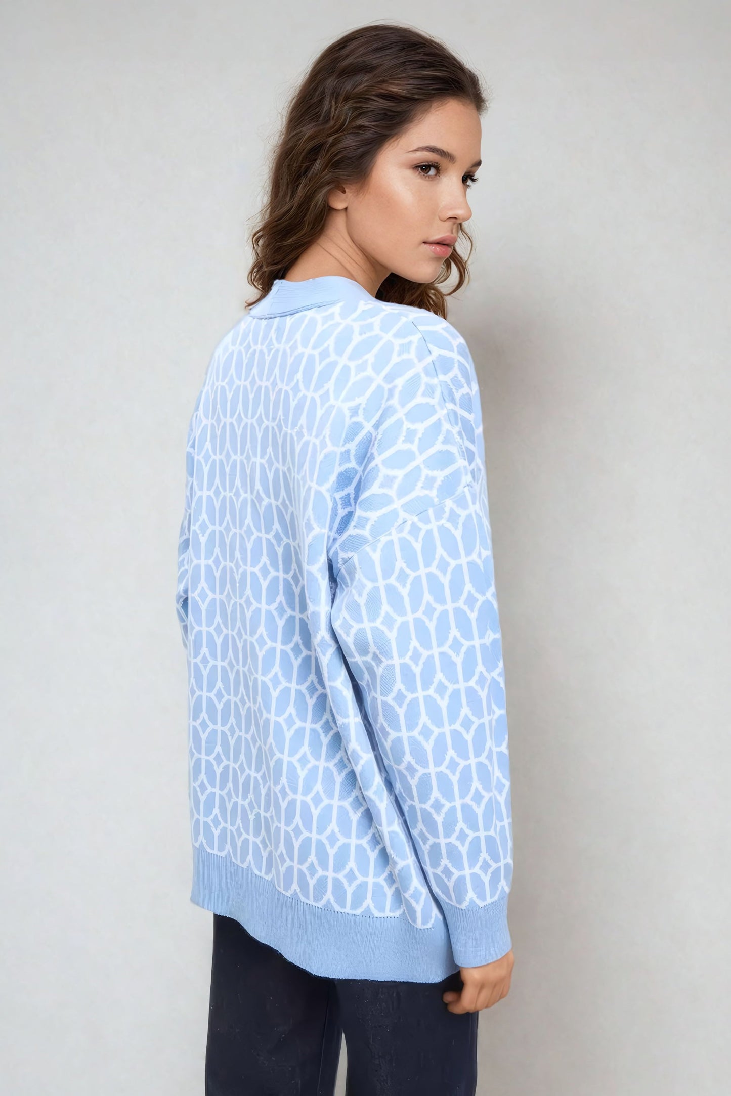Geometric Pattern Button-Up Knitted Cardigan - Blue