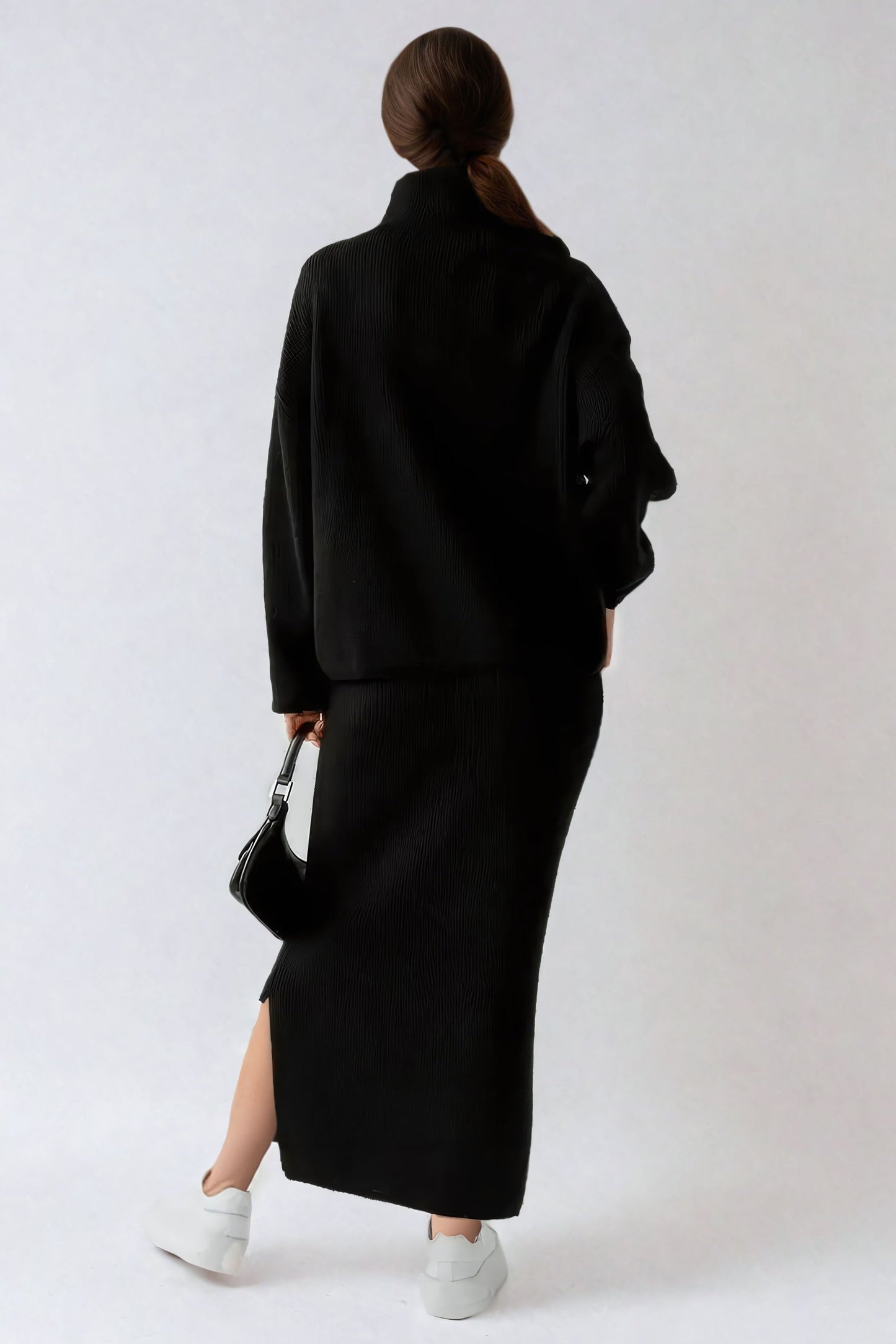 Two-Piece Set with Knitted Sweater and Skirt - Black