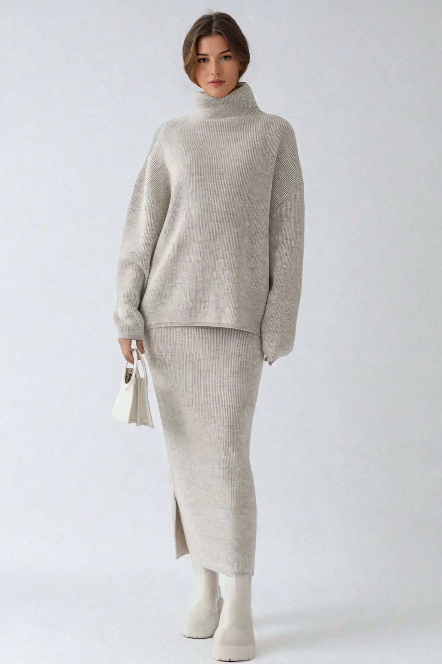 Two-Piece Set with Knitted Sweater and Skirt - Beige