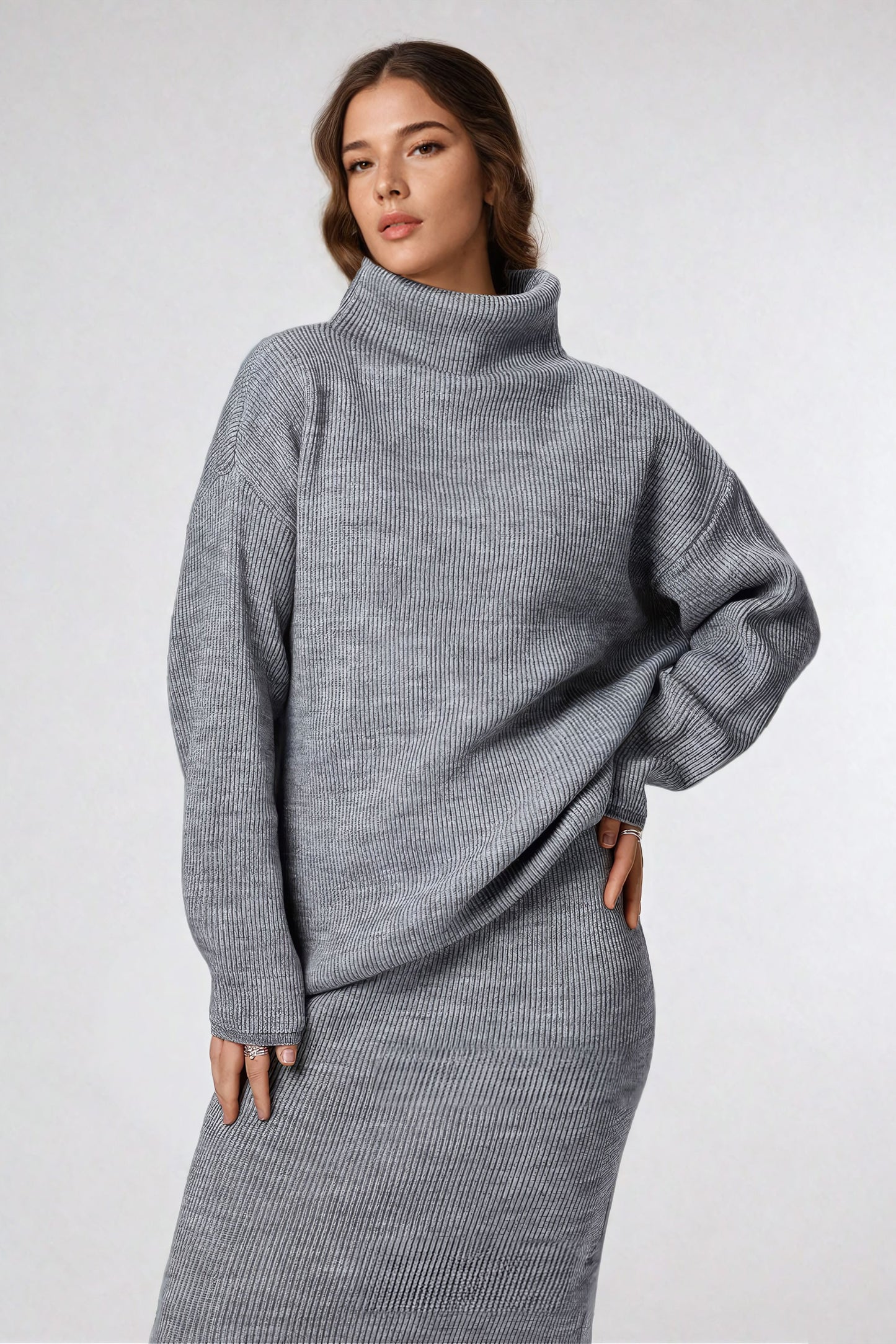 Two-Piece Set with Knitted Sweater and Skirt - Gray