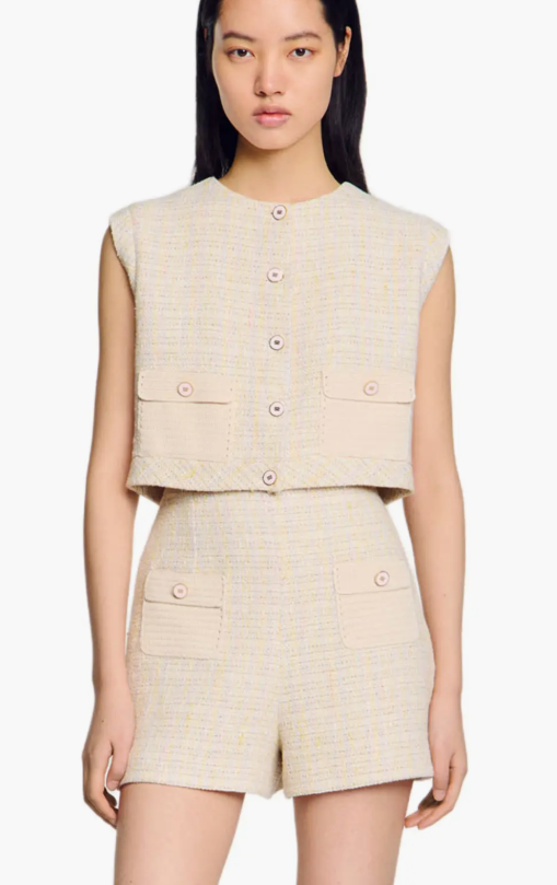 Two-Piece Set with Sleeveless Button-Up Top and High-Waist Shorts - Beige