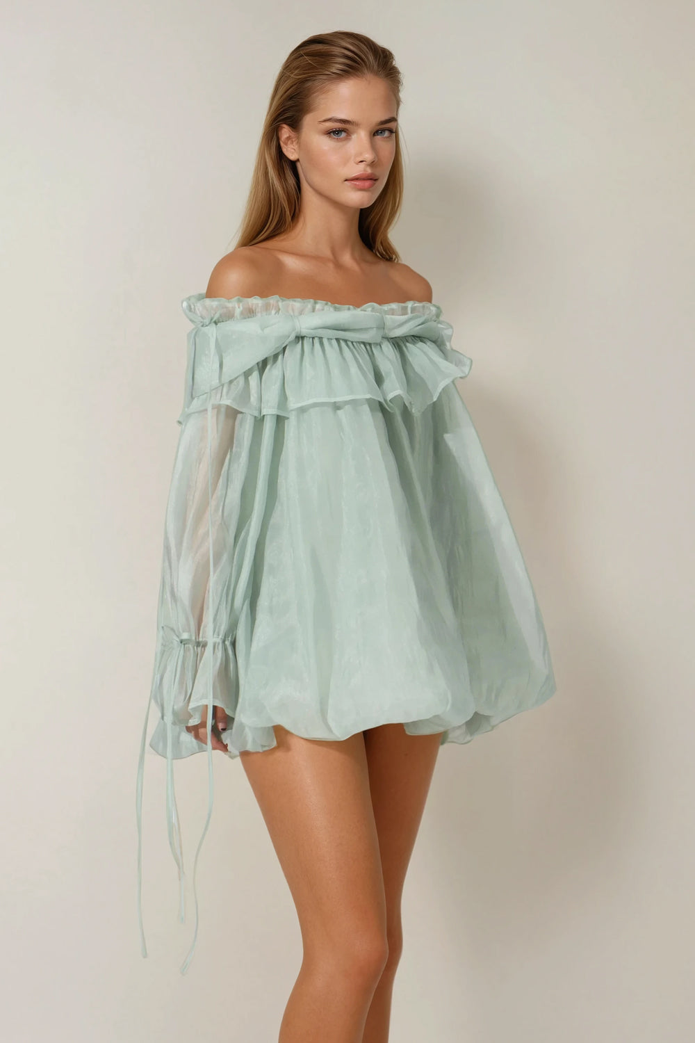 Off-Shoulder Ruffle Trim Top - Mint Green