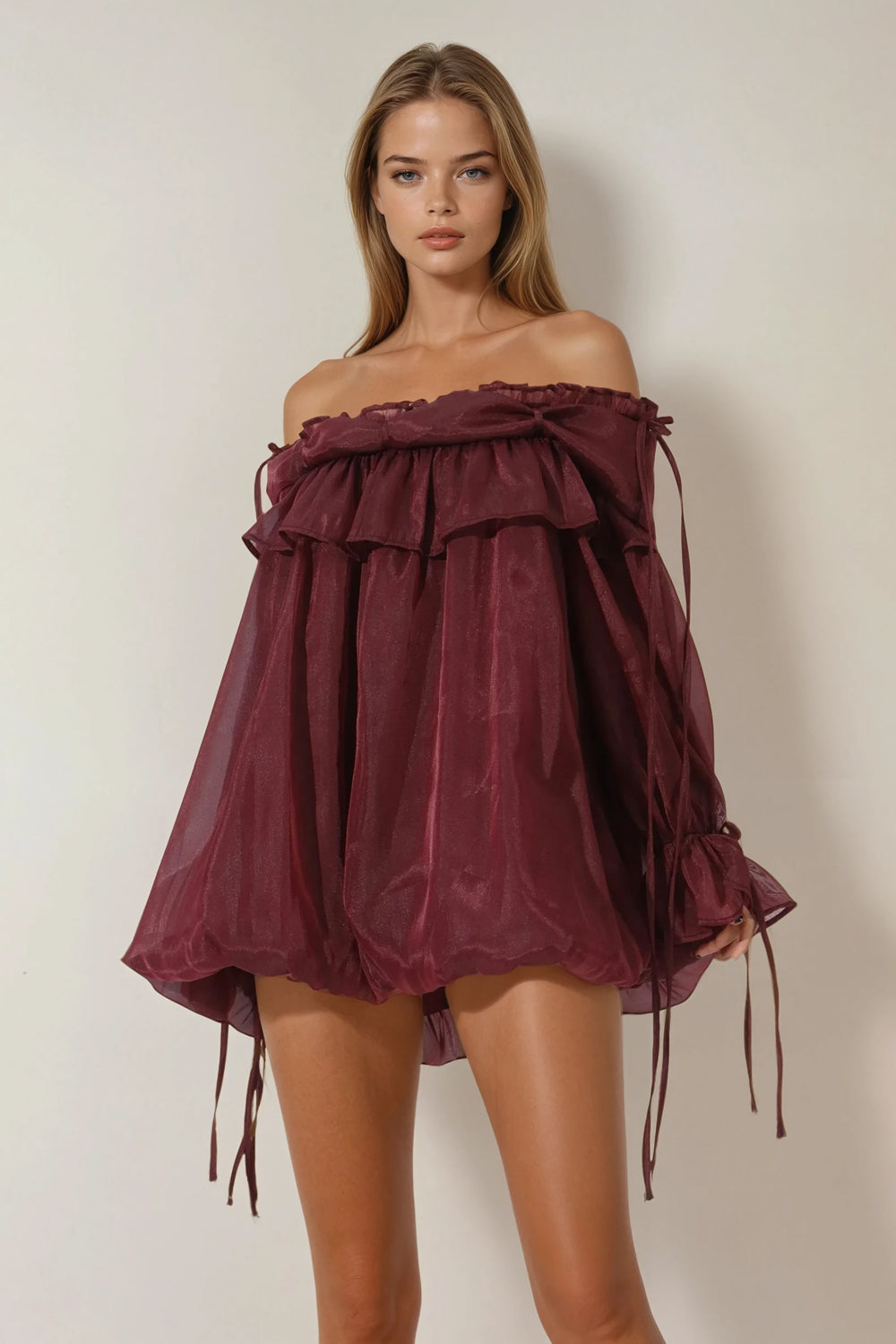 Off-Shoulder Ruffle Trim Top - Burgundy