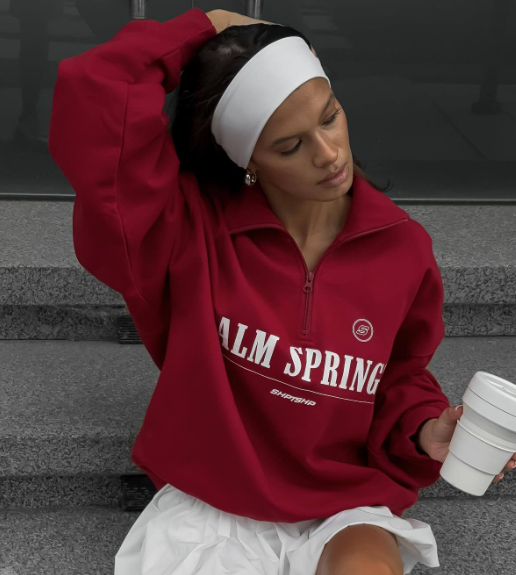 Half-Zip "Palm Springs" Graphic Sweater - Red