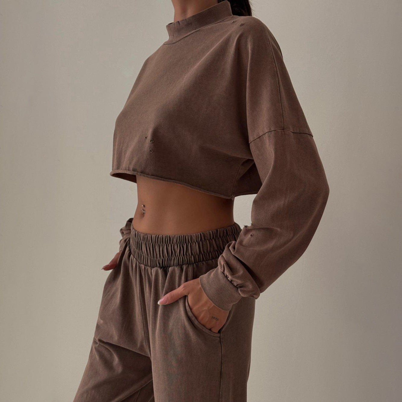 High Neck Cropped Sweatshirt and Elastic-Waist Trousers Co-Ord Set - Brown
