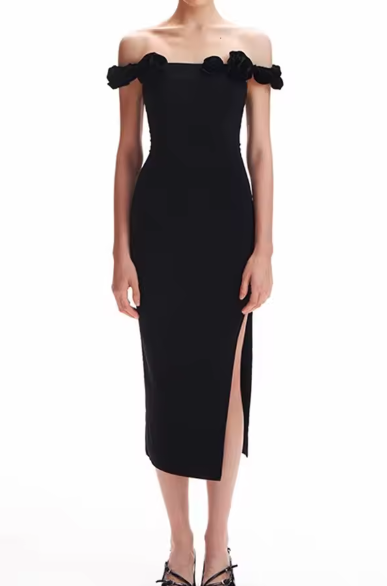 Off-Shoulder Midi Dress with 3D Floral Details - Black