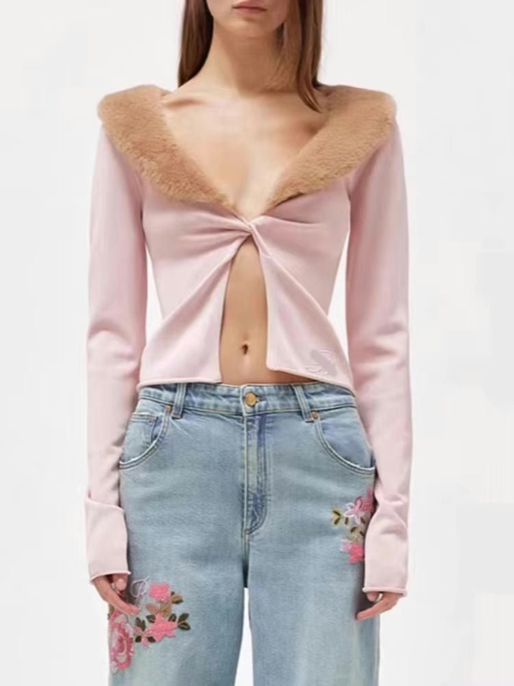 Cropped Jacket with Fur Wide Collar - Pink