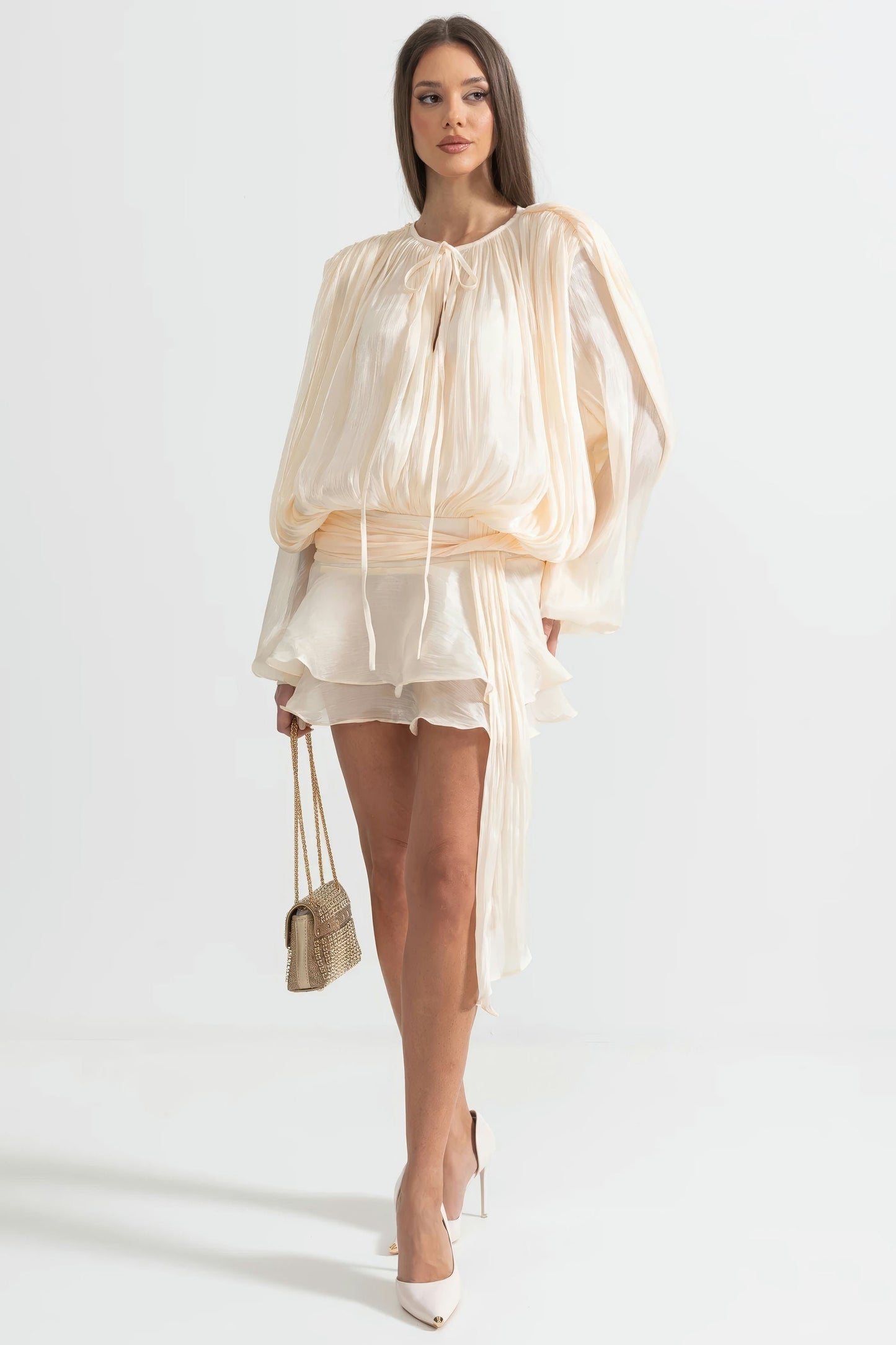 Ruched Mini Dress with Layered Hem - Beige
