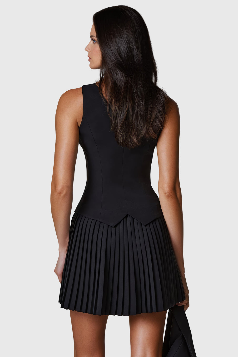 Buttoned Vest and Pleated Skirt Co-Ord Set - Black