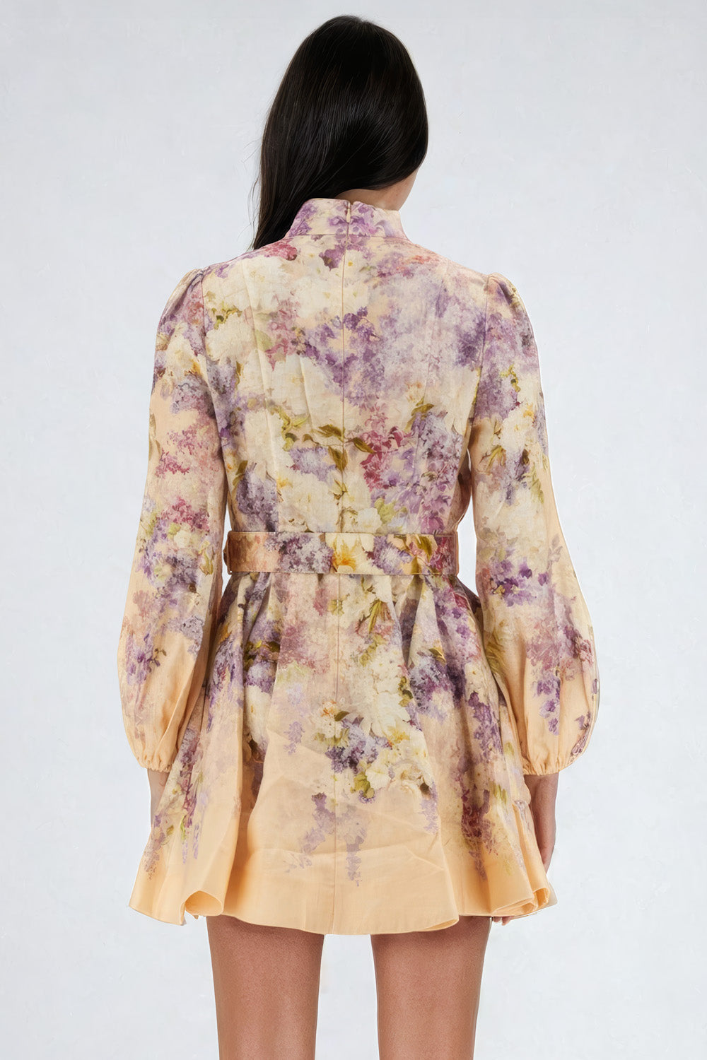 Floral Long Sleeve Mini Dress with Buttons - Beige