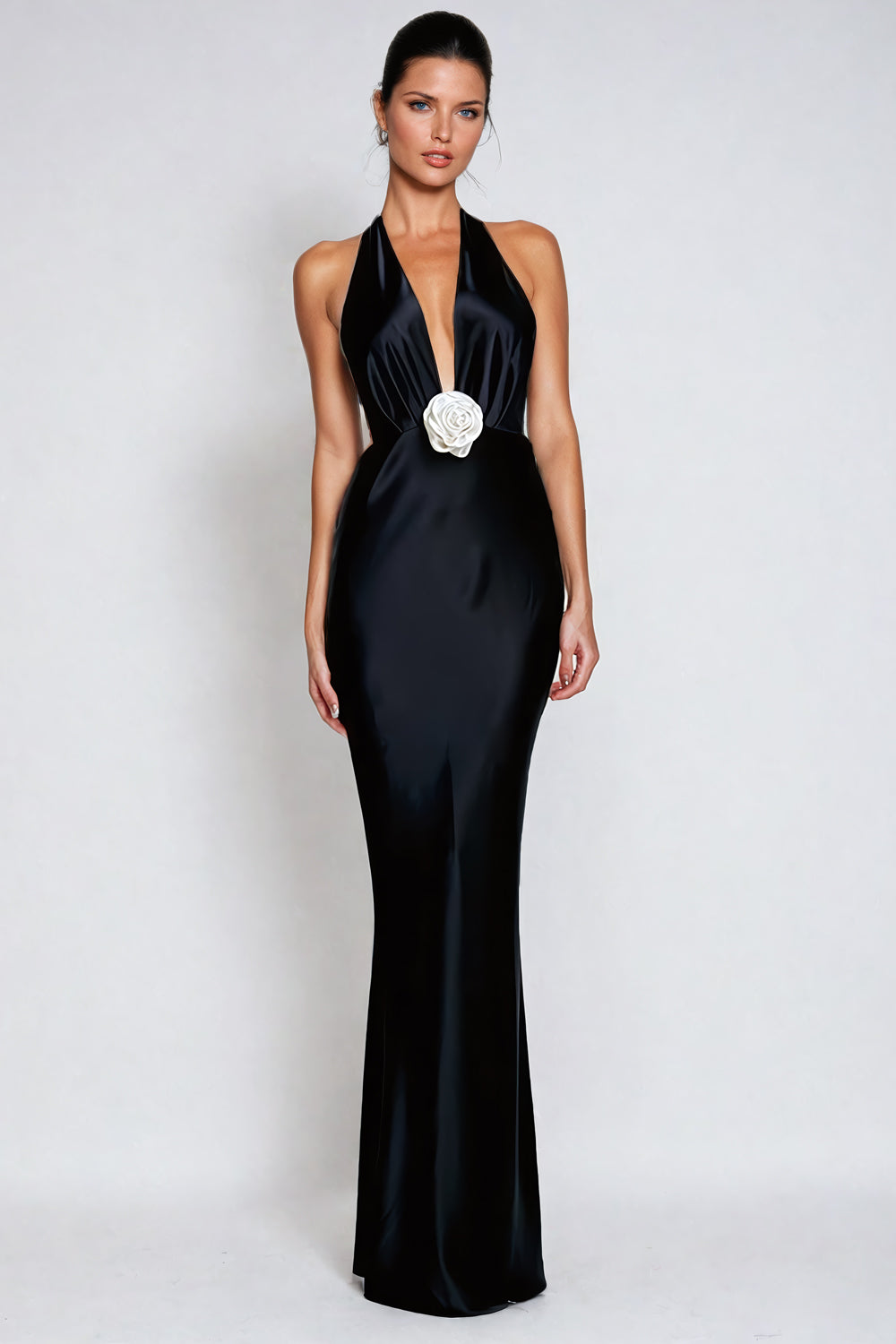 Halter Maxi Dress with Deep V-Neckline - Black