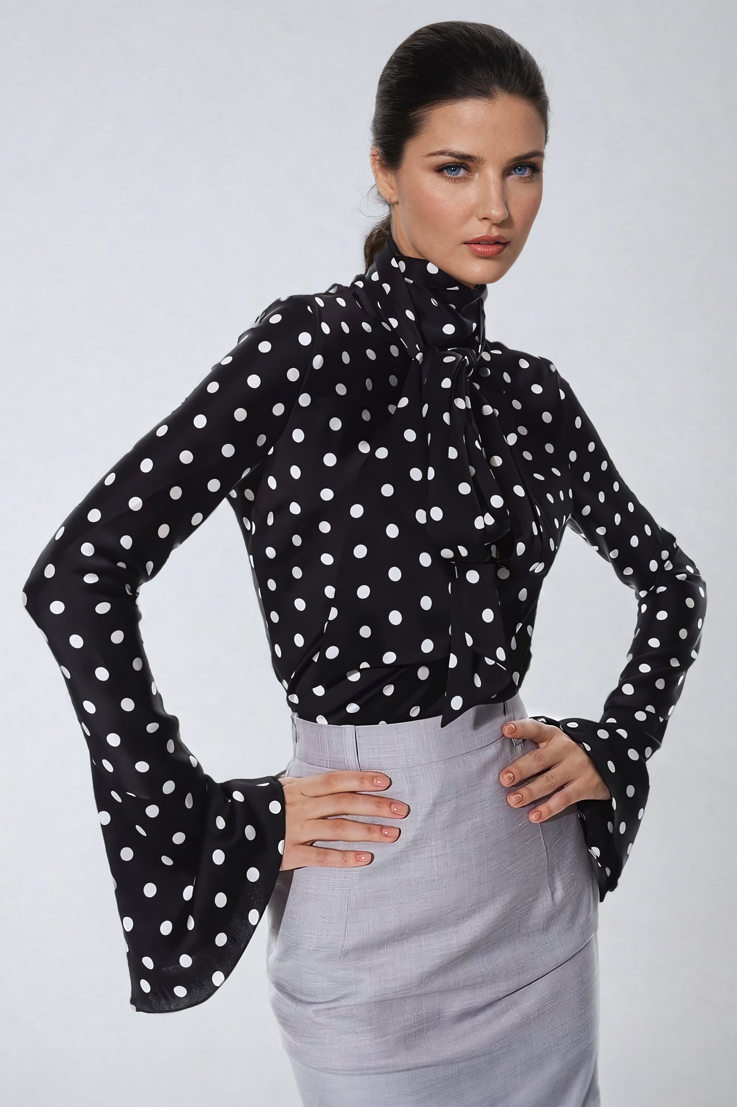 High-Neck Blouse with Statement Bow and Flared Cuffs - Black