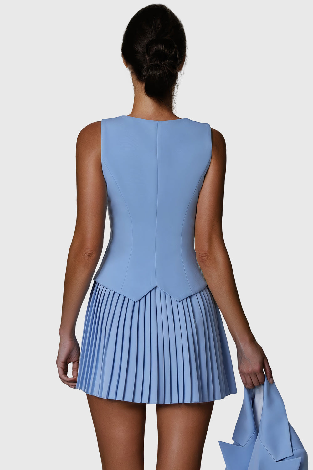 Buttoned Vest and Pleated Skirt Co-Ord Set - Blue