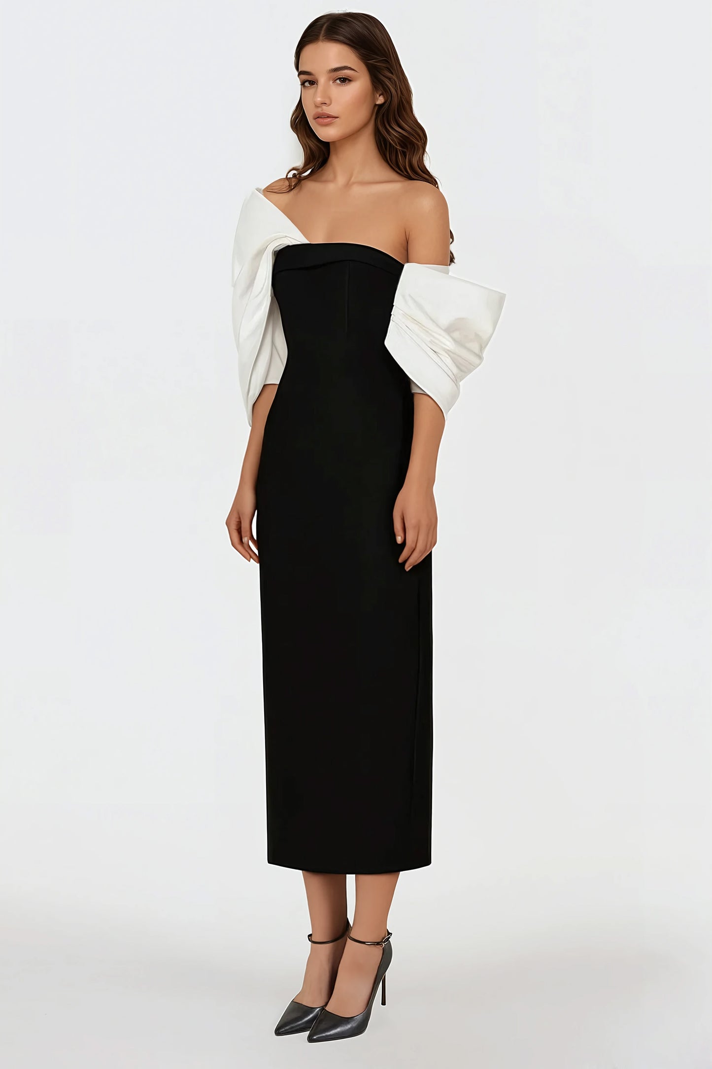 Off-Shoulder Midi Dress with Bow Detail - Black
