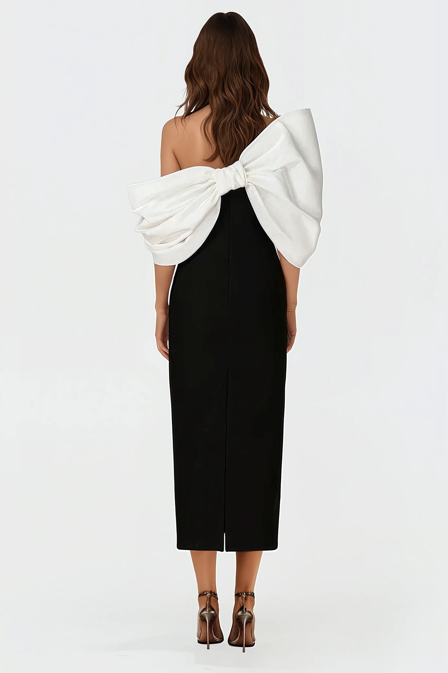 Off-Shoulder Midi Dress with Bow Detail - Black