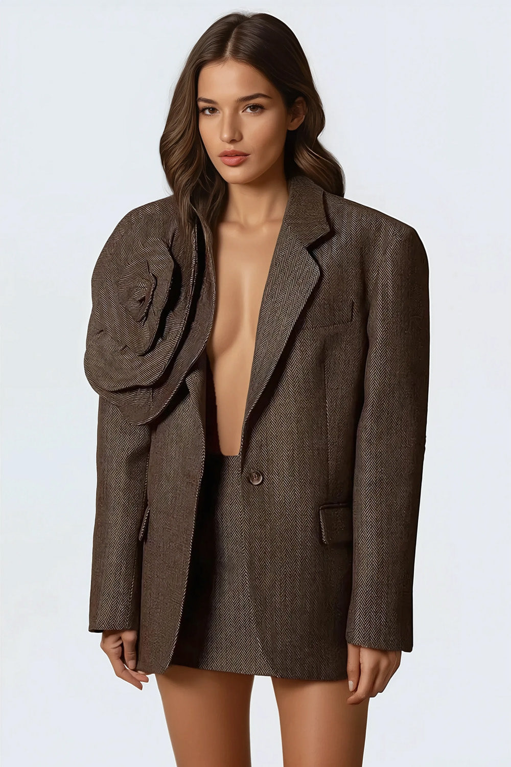 Single-Breasted Oversized Blazer with Statement Floral Detail - Brown