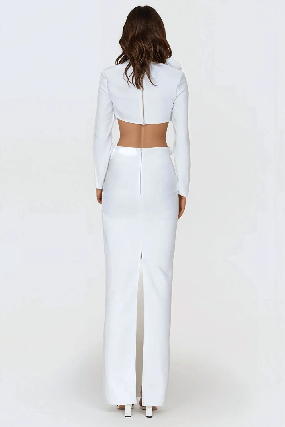 Floral Two-Piece Set with Long-Sleeve Top and High-Waist Skirt - White