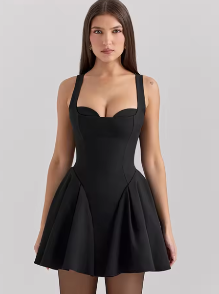 Structured Pleated Mini Dress - Black