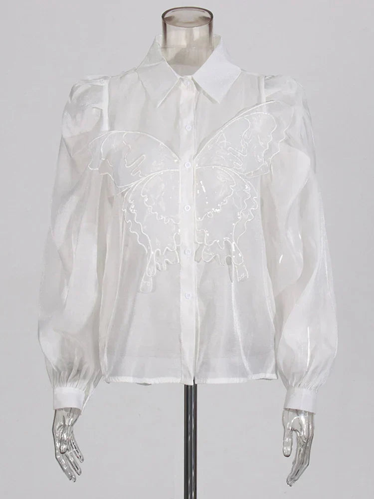 Butterfly Embroidered Button-Up Shirt with Puff Sleeves - White