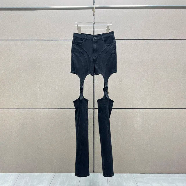 High-Rise Cut-Out Jeans with Button Detailing - Black