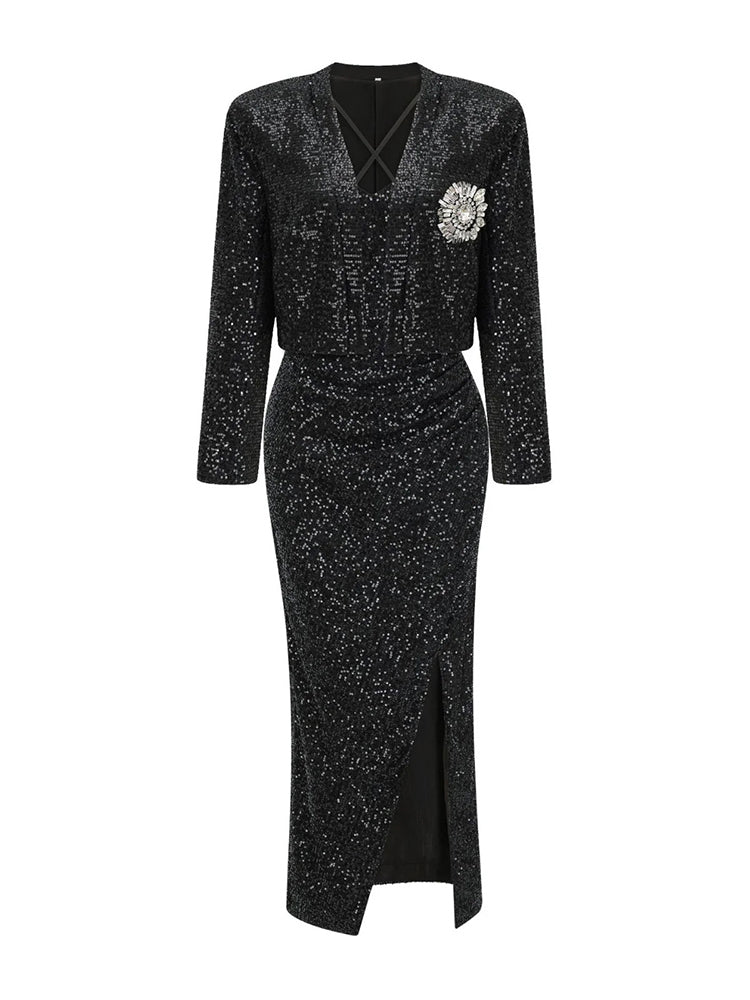 Sequined Cropped Blazer with Draped Maxi Dress - Black