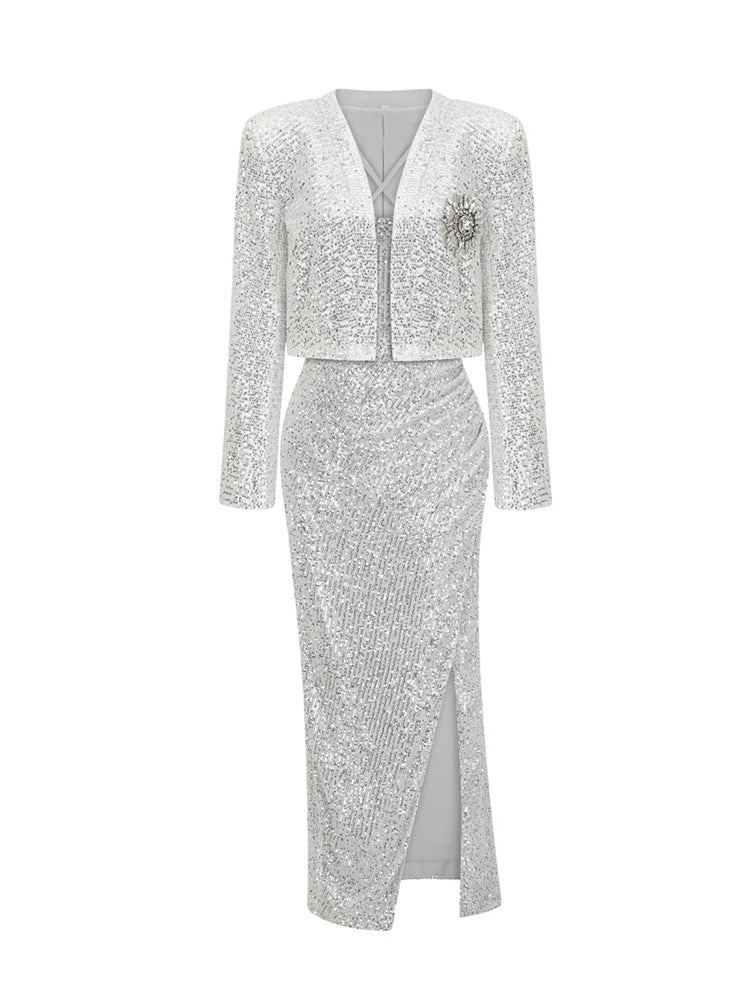 Sequined Cropped Blazer with Draped Maxi Dress - White