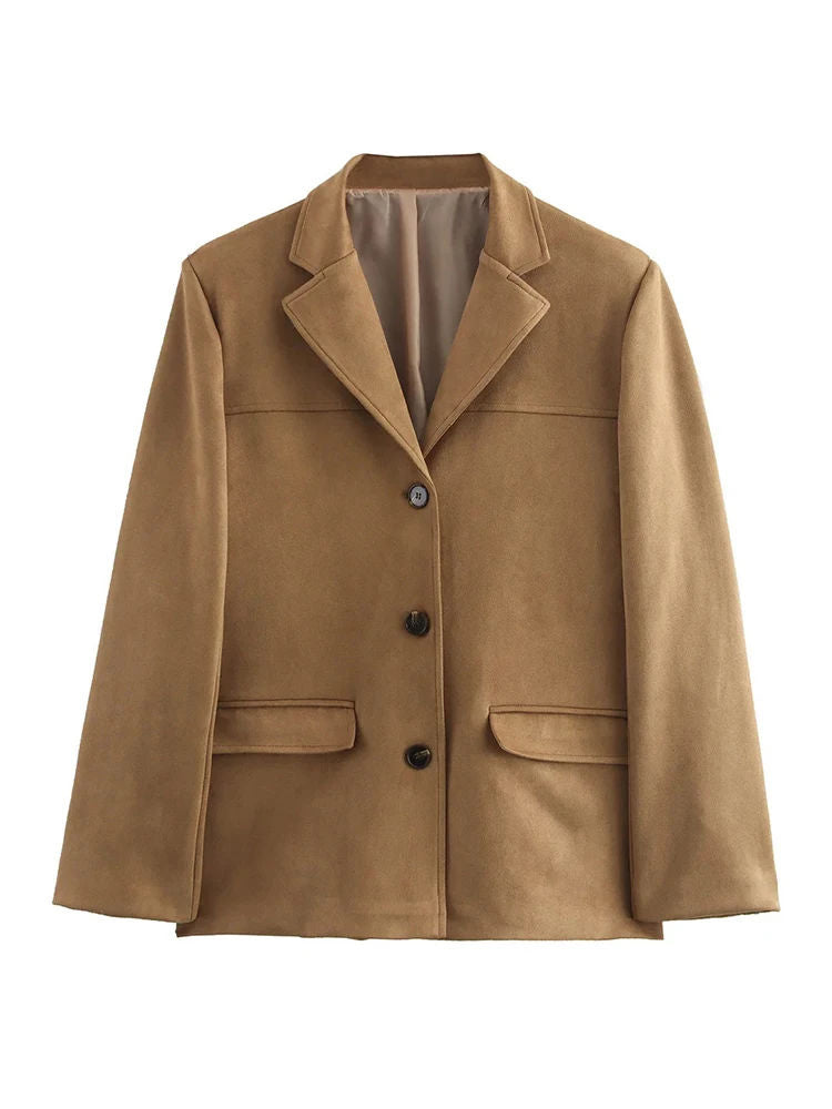 Oversized Single-Breasted Coat with Notched Lapel - Light Brown