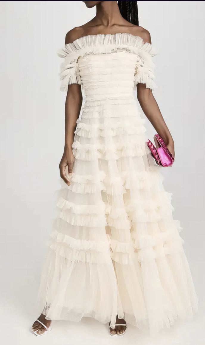 Off-Shoulder Ruffled Midi Dress with Layered Design - Beige