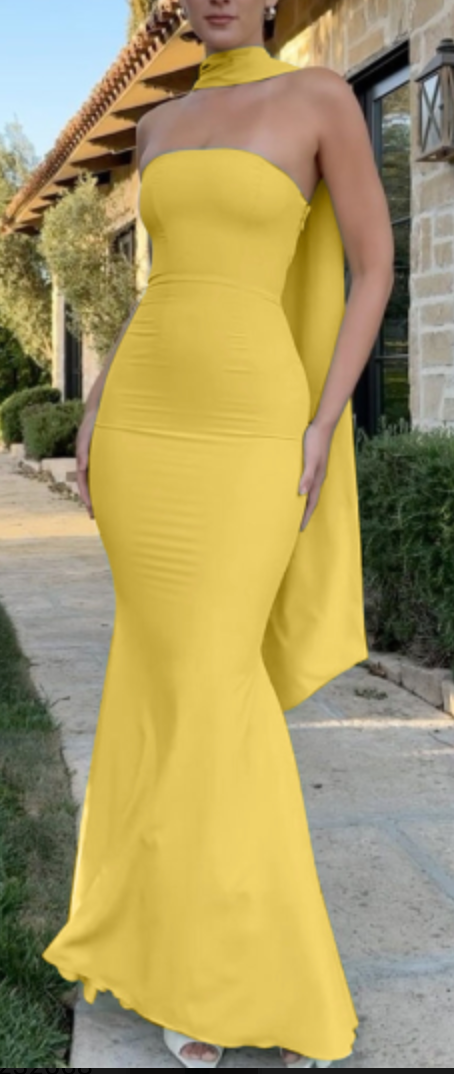 Strapless Maxi Dress with Scarf Detail - Yellow