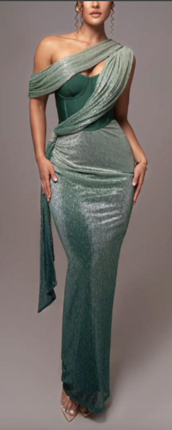 Asymmetrical Draped Maxi Dress - Green