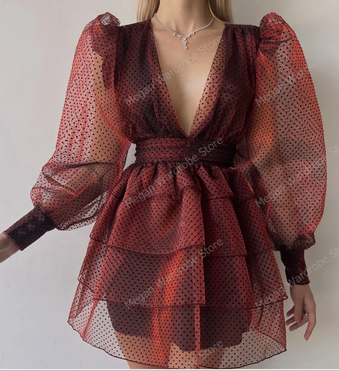Tiered Balloon Sleeves Mini Dress with Deep V-Neckline - Burgundy