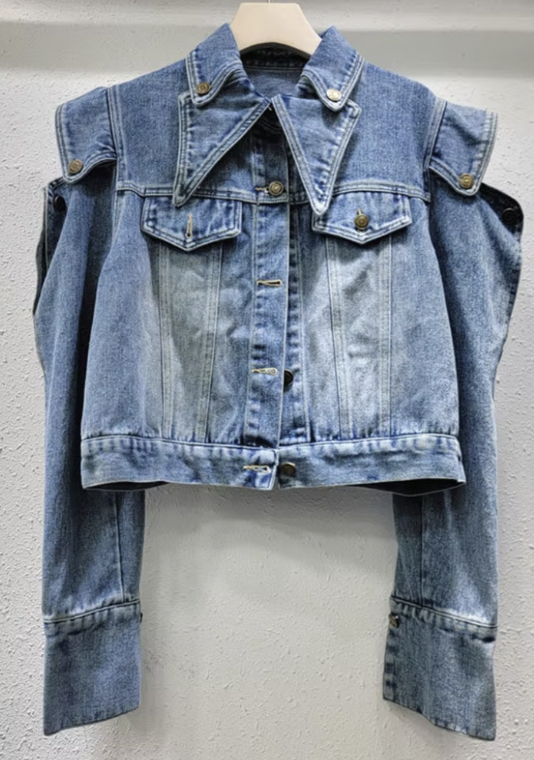 Cropped Denim Jacket with Cut-Out Sleeve Detail - Blue