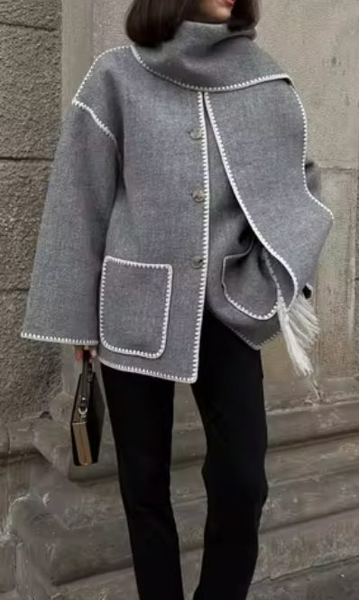 Fringe-Trimmed Coat with Embroidered Scarf Accent - Gray