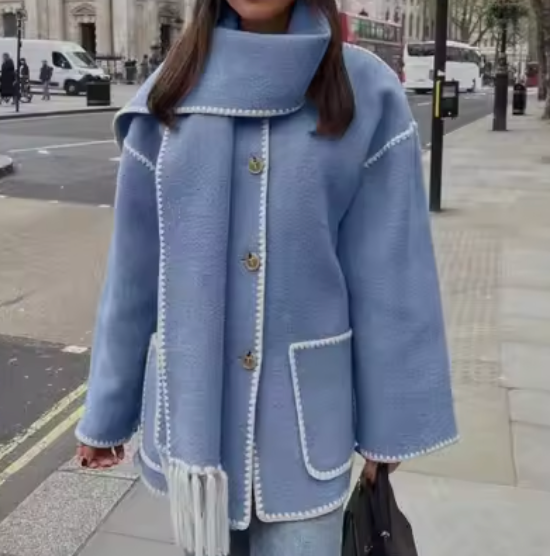 Fringe-Trimmed Coat with Embroidered Scarf Accent - Blue