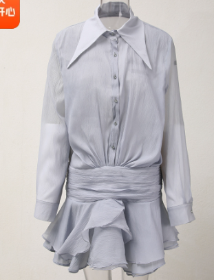 Diamond Button-Down Mini Dress with Ruffled Hem - Gray