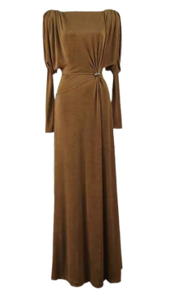 Pleated Shoulder Maxi Dress with Embellished Waist - Brown