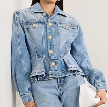 Structured Pleated Flared Denim Jacket - Blue