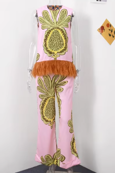 Two-Piece Set with Feather Trim Printed Top and Trousers - Pink